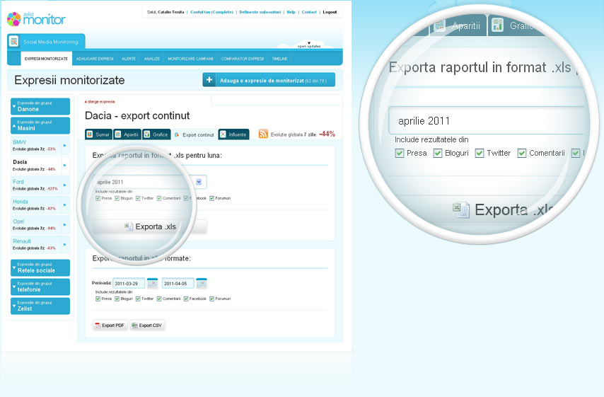 Functionalitati de export date (csv, xls, pdf)